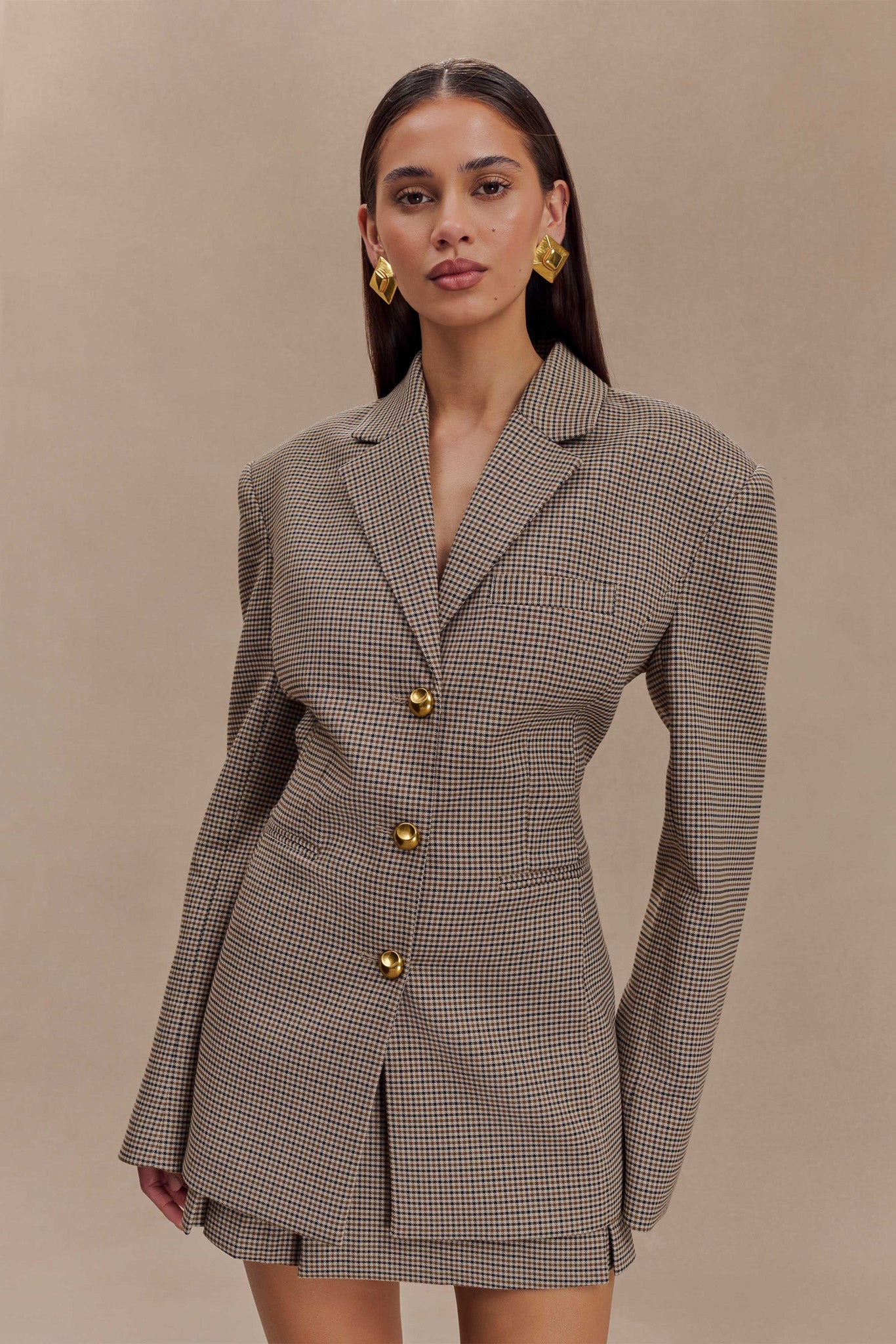 Classic Blazer – fitted, checkered, long sleeves, chic and elegant.