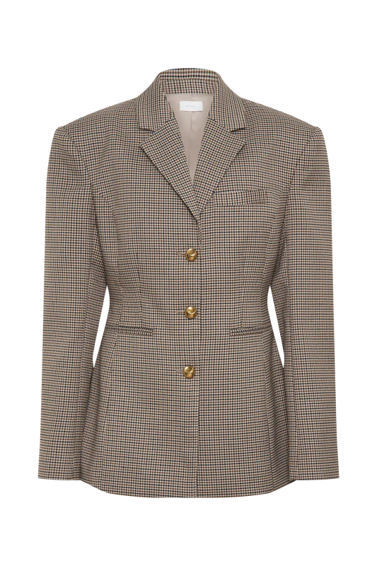 Classic Blazer – fitted, checkered, long sleeves, chic and elegant.