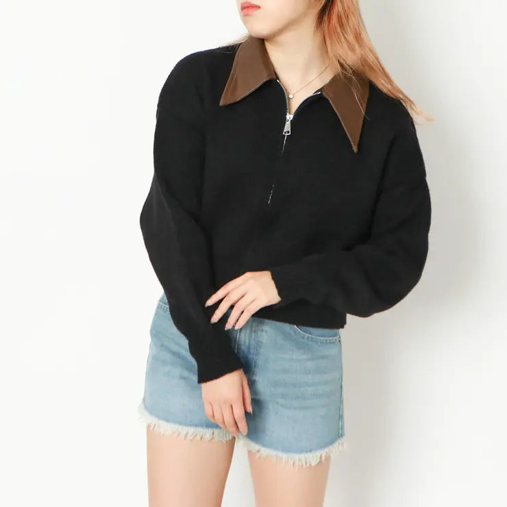 Elegant Cardigan Sweater with Synthetic Leather Collar