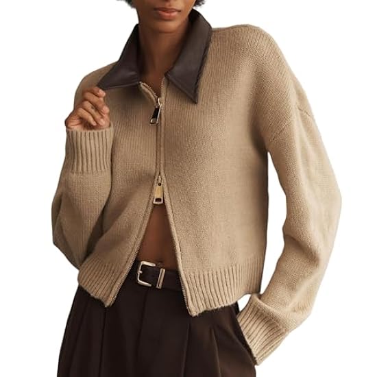 Elegant Cardigan Sweater with Synthetic Leather Collar