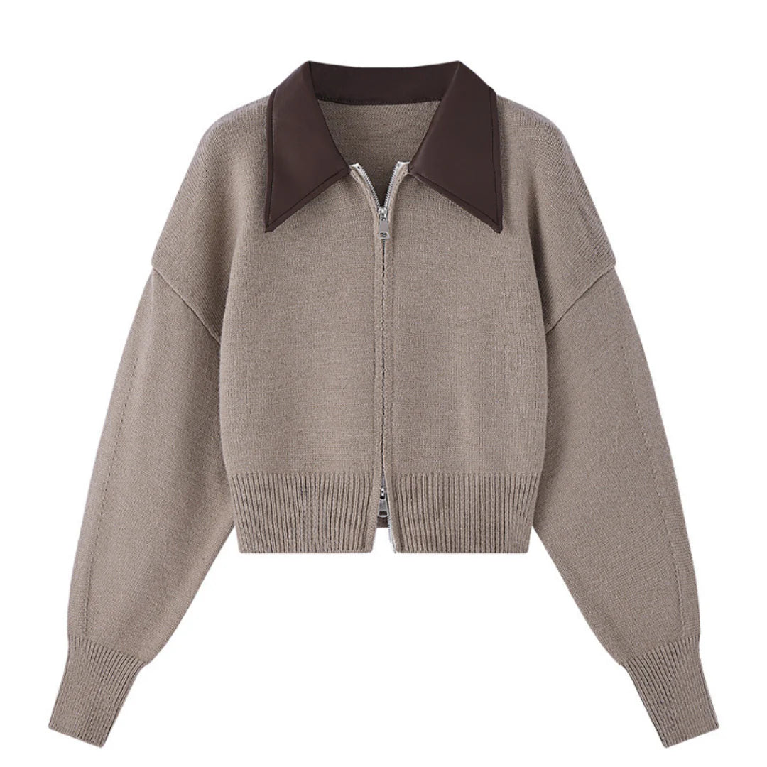 Elegant Cardigan Sweater with Synthetic Leather Collar